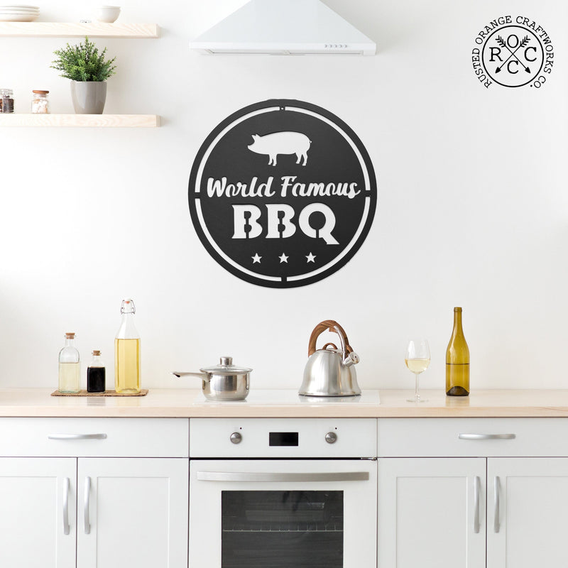 backyard bbq sign on wall in kitchen