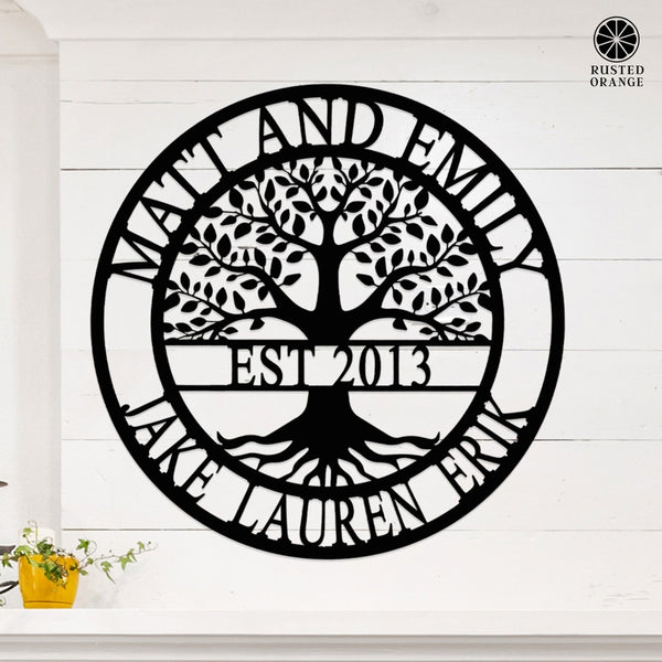 Rusted Orange Craftworks Co. Custom Wall Art Established Family Tree Name Sign - Family Tree Wall Decor Last Name Signs for Home
