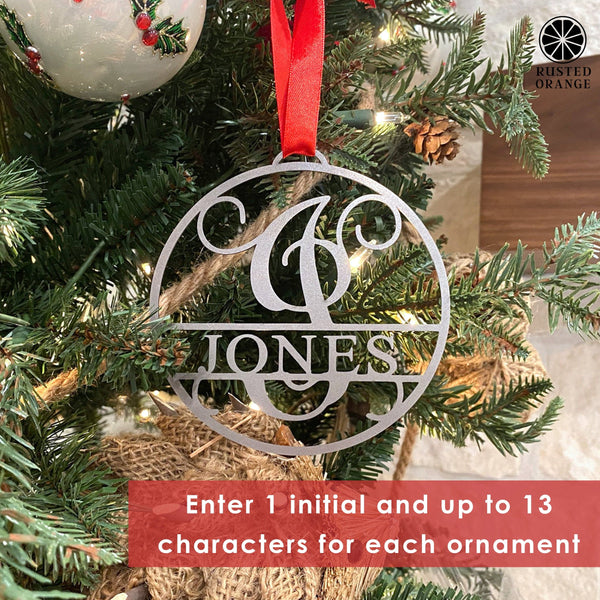 Rusted Orange Craftworks Co. Holiday Ornaments Circle Monogram Ornaments - 5 Pack - 4", 6", and 9" Personalized Christmas Tree Ornaments