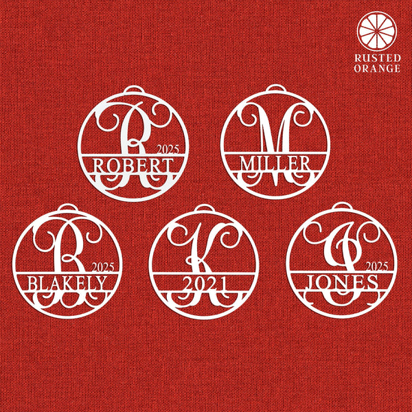 Rusted Orange Craftworks Co. Holiday Ornaments Circle Monogram Ornaments - 5 Pack - 4", 6", and 9" Personalized Christmas Tree Ornaments