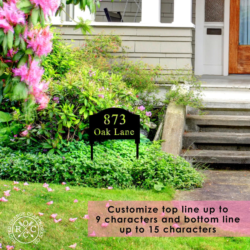 address yard sign with stake in an herbaceous plant with banner that reads "customize top line up to 9 characters and bottom line up to 15 characters"