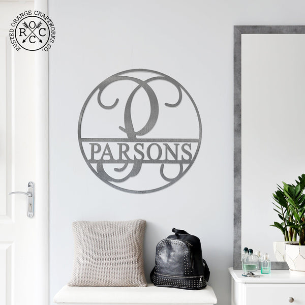 Rusted Orange Craftworks Co. Name Plates 12" Circle Monogram With Name -  Monogram Last Name Signs for Home