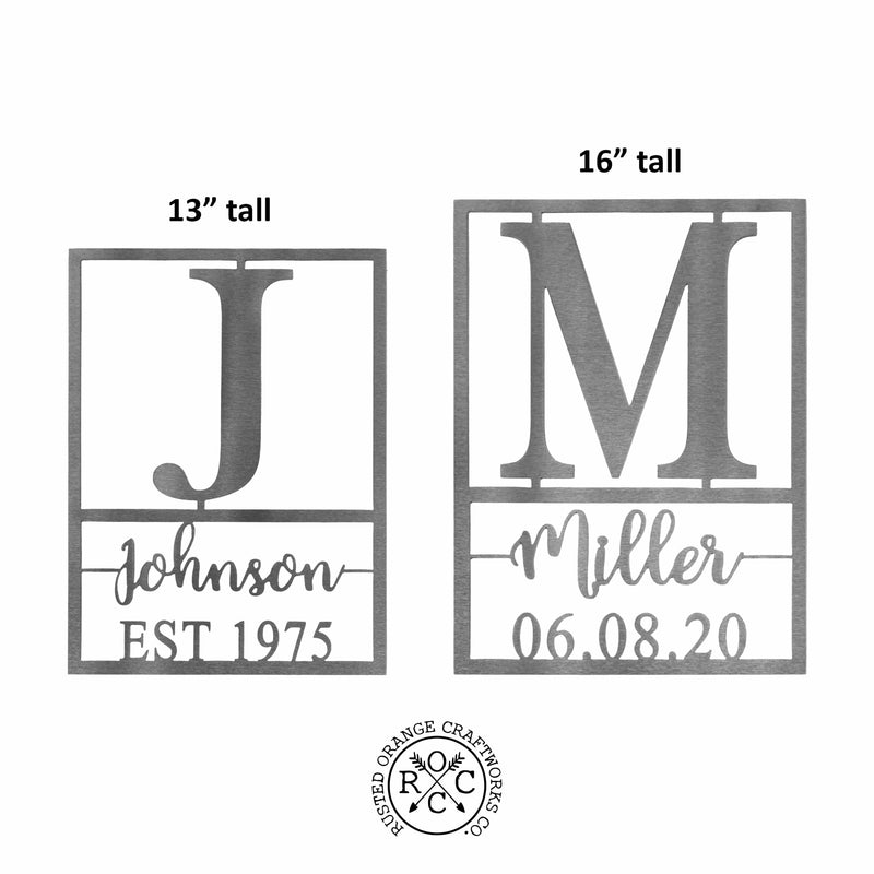 2 personalized metal signs with monogram, name, and date showing size comparison.