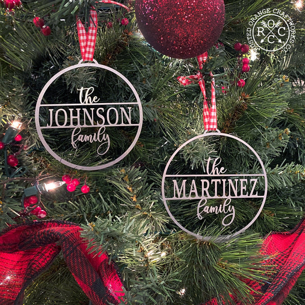 family name personalized ornaments on christmas tree