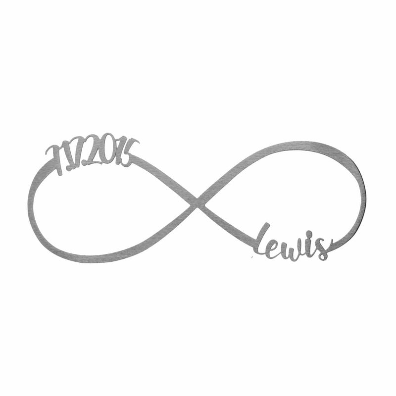 Picture of metal infinity sign with date 7.17.2015 and name Lewis  on a white background