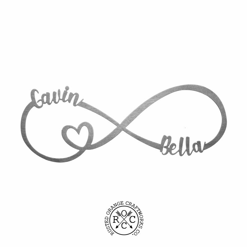 metal infinity sign with Gavin and Bella personalization with heart cutout on a white background with Rusted Orange Craftworks Co logo