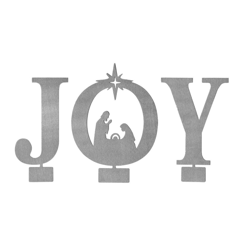 Metal letters J O Y with manger scene silhouette inside the o, shown against white background.