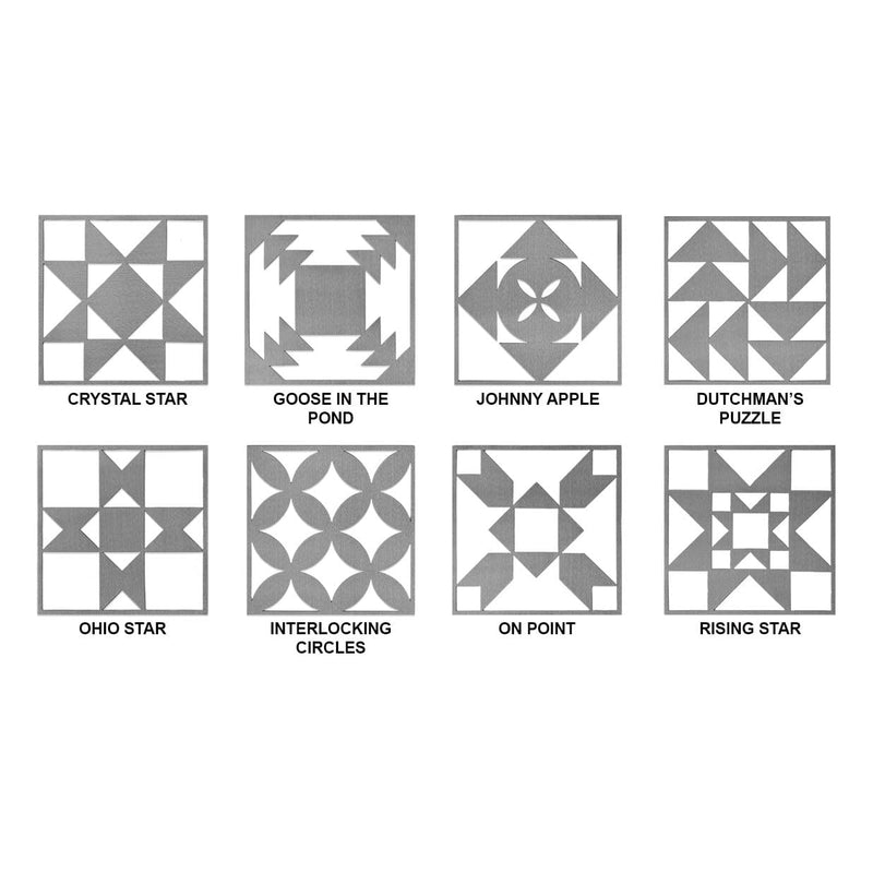 Eight metal quilt block squares showing different designs.