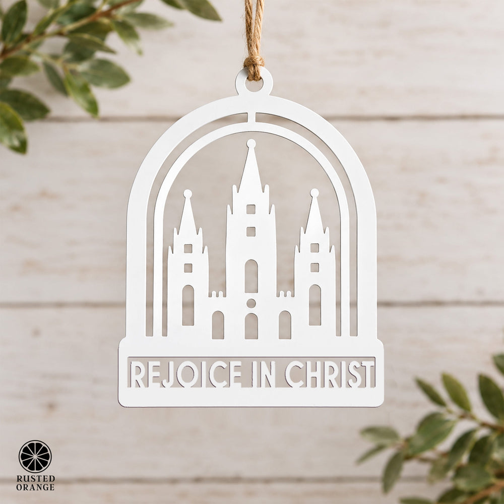 Rusted Orange Craftworks Co. Religious & Ceremonial Rejoice in Christ Temple Sign & Keychain – Salt Lake Temple Rededication Keepsake, Church Youth Gift for Young Women & Young Men, Tabletop or Hanging Steel Décor