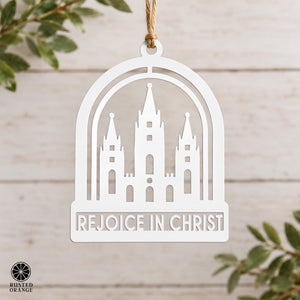 Rusted Orange Craftworks Co. Religious & Ceremonial Rejoice in Christ Temple Sign & Keychain – Salt Lake Temple Rededication Keepsake, Church Youth Gift for Young Women & Young Men, Tabletop or Hanging Steel Décor