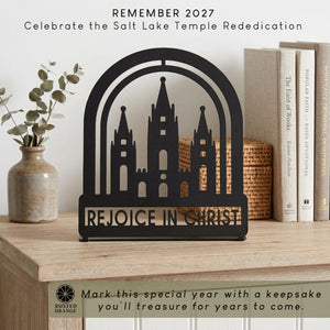 Rusted Orange Craftworks Co. Religious & Ceremonial Rejoice in Christ Temple Sign & Keychain – Salt Lake Temple Rededication Keepsake, Church Youth Gift for Young Women & Young Men, Tabletop or Hanging Steel Décor