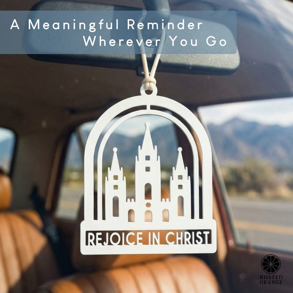 Rusted Orange Craftworks Co. Religious & Ceremonial Rejoice in Christ Temple Sign & Keychain – Salt Lake Temple Rededication Keepsake, Church Youth Gift for Young Women & Young Men, Tabletop or Hanging Steel Décor