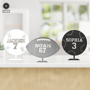 Rusted Orange Craftworks Co. Athletics Custom Standing Sports Balls - 6 Styles - Metal Ball With Name and Player Number
