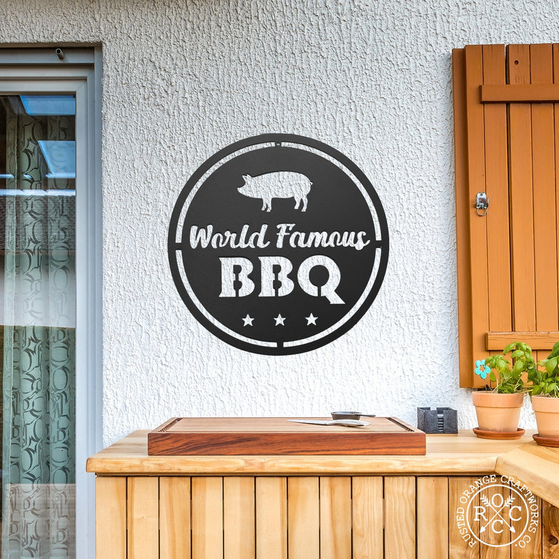Backyard bbq sign on outdoor patio