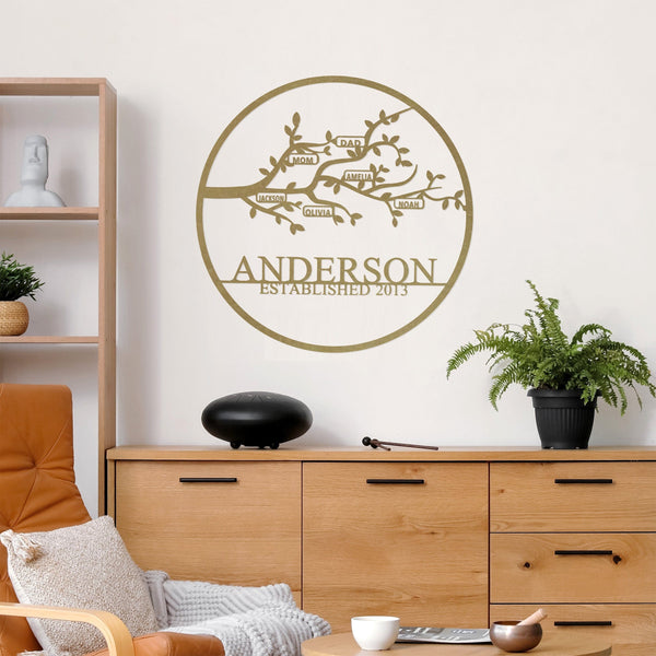 Rusted Orange Craftworks Co. [COL] Personalized Family Branch Metal Sign – Custom Name & Date Wall Art – Laser Cut Steel Circle with Names on Branch