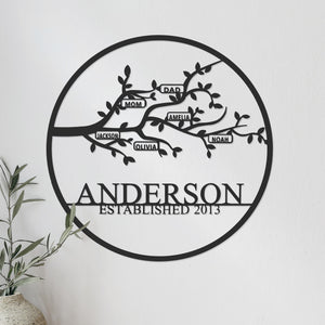 Rusted Orange Craftworks Co. [COL] Personalized Family Branch Metal Sign – Custom Name & Date Wall Art – Laser Cut Steel Circle with Names on Branch