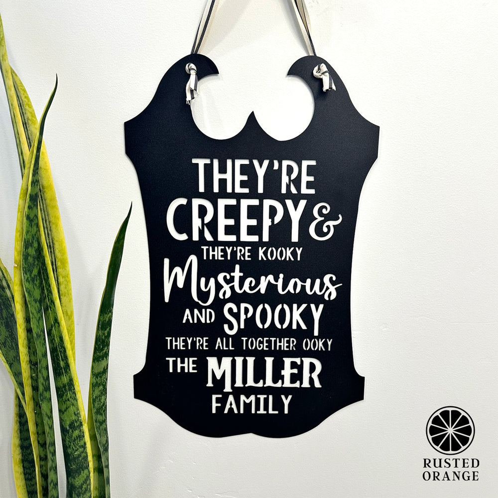 Rusted Orange Craftworks Co. Creepy Family Name Sign | Custom Halloween Plaque with “They’re Creepy and They’re Kooky” Verse