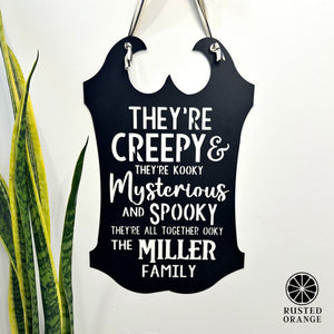 Rusted Orange Craftworks Co. Creepy Family Name Sign | Custom Halloween Plaque with “They’re Creepy and They’re Kooky” Verse