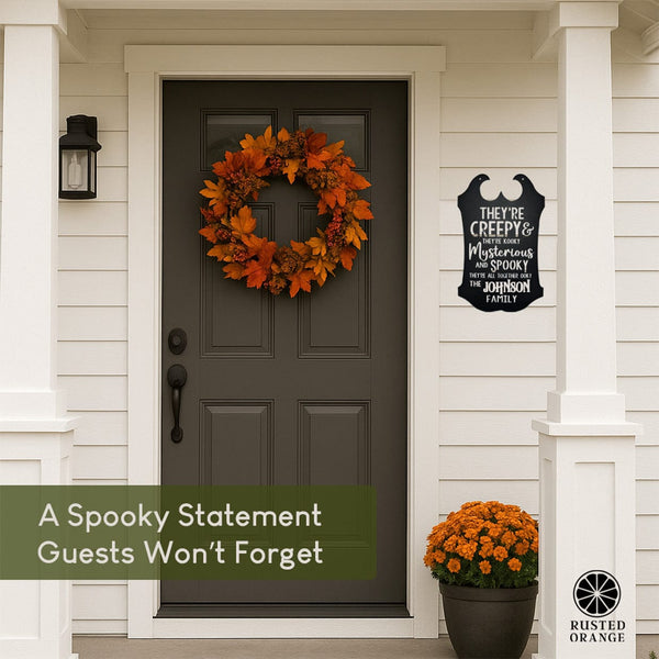 Rusted Orange Craftworks Co. Creepy Family Name Sign | Custom Halloween Plaque with “They’re Creepy and They’re Kooky” Verse