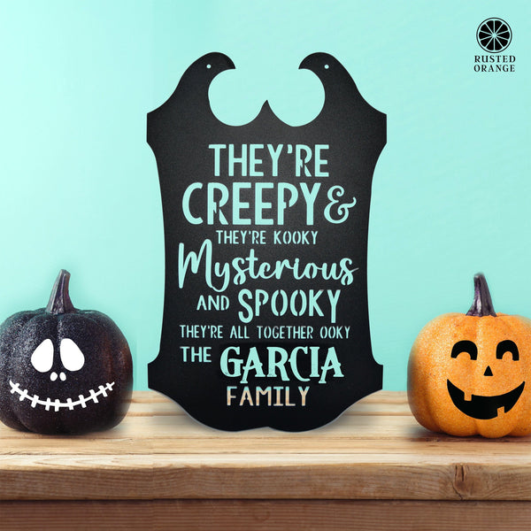 Rusted Orange Craftworks Co. Creepy Family Name Sign | Custom Halloween Plaque with “They’re Creepy and They’re Kooky” Verse