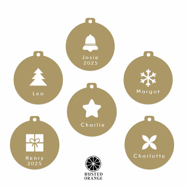 Rusted Orange Craftworks Co. custom name ornament Keepsake Name Disc Ornament - 5 pack  – Custom Family Name Christmas Ornament, Personalized Metal Holiday Keepsake, Stocking Tag & Gift Tag