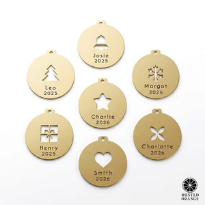 Rusted Orange Craftworks Co. custom name ornament Keepsake Name Disc Ornament - 5 pack  – Custom Family Name Christmas Ornament, Personalized Metal Holiday Keepsake, Stocking Tag & Gift Tag