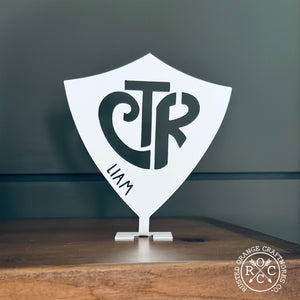 Rusted Orange Craftworks Co. Decor Choose the Right Stand Up Shield With Name - CTR Custom Metal Sign Baptism Boy and Girl Gifts