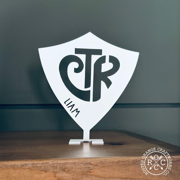 Rusted Orange Craftworks Co. Decor Choose the Right Stand Up Shield With Name - CTR Custom Metal Sign Baptism Boy and Girl Gifts