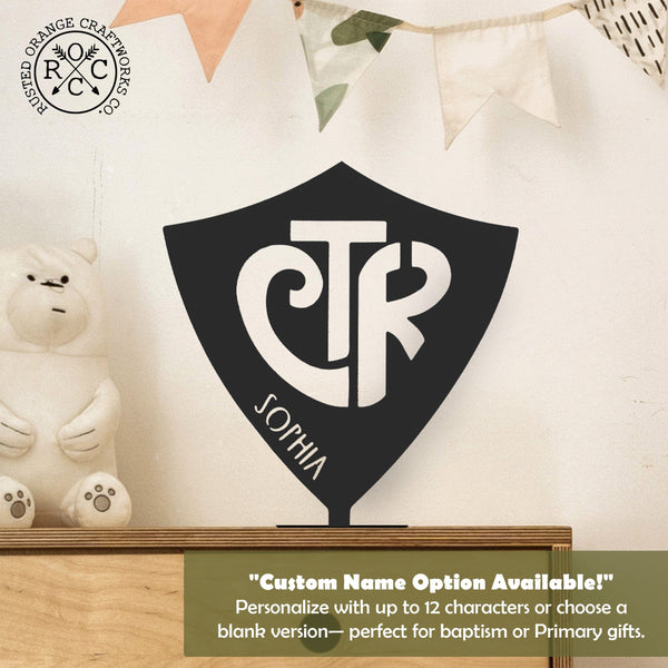Rusted Orange Craftworks Co. Decor Choose the Right Stand Up Shield With Name - CTR Custom Metal Sign Baptism Boy and Girl Gifts