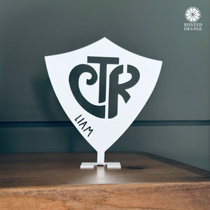 Rusted Orange Craftworks Co. Decor Choose the Right Stand Up Shield With Name - CTR Custom Metal Sign Baptism Boy and Girl Gifts