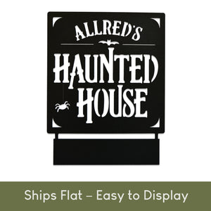 Rusted Orange Craftworks Co. Decor Steals - Haunted House Custom Tabletop Name Sign – Personalized Halloween Decoration – 8" or 12"