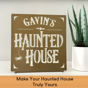Rusted Orange Craftworks Co. Decor Steals - Haunted House Custom Tabletop Name Sign – Personalized Halloween Decoration – 8" or 12"