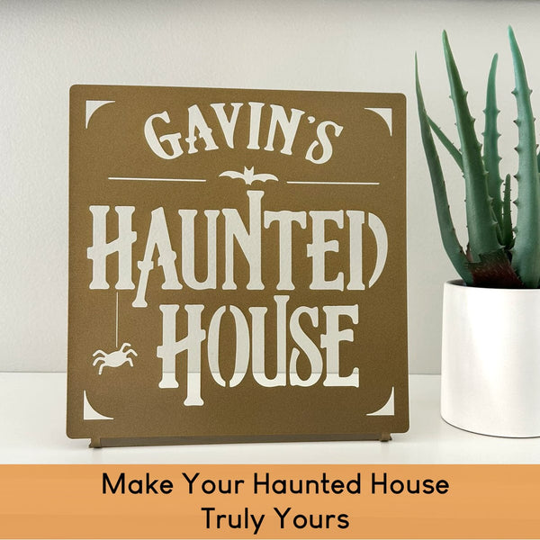 Rusted Orange Craftworks Co. Decor Steals - Haunted House Custom Tabletop Name Sign – Personalized Halloween Decoration – 8" or 12"