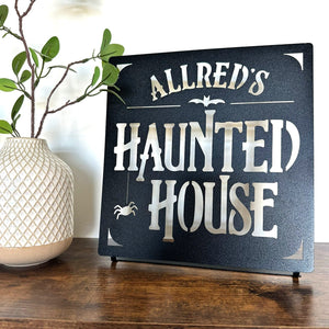 Rusted Orange Craftworks Co. Decor Steals - Haunted House Custom Tabletop Name Sign – Personalized Halloween Decoration – 8" or 12"