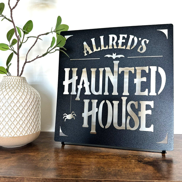 Rusted Orange Craftworks Co. Decor Steals - Haunted House Custom Tabletop Name Sign – Personalized Halloween Decoration – 8" or 12"