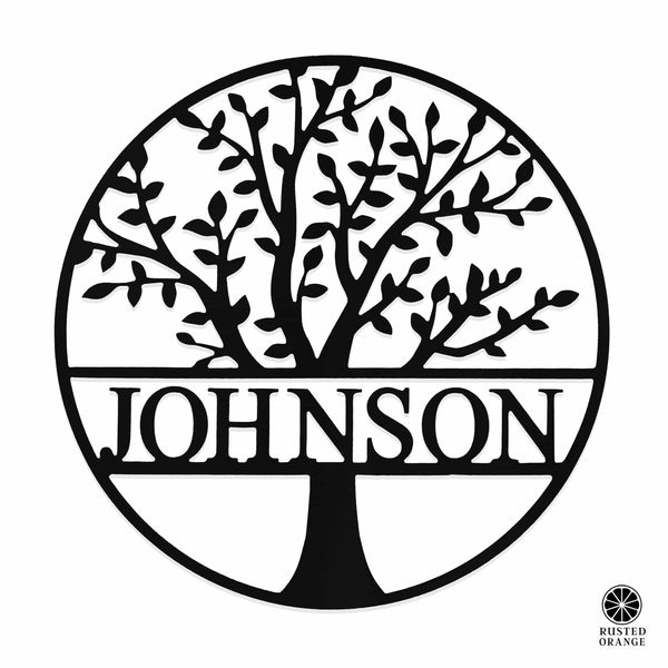 Rusted Orange Craftworks Co. Decorative Plaques Family Tree Name Sign - 3 Sizes - Metal Personalized Last Name Signs for Wall or Door Decor