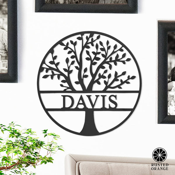 Rusted Orange Craftworks Co. Decorative Plaques Family Tree Name Sign - 3 Sizes - Metal Personalized Last Name Signs for Wall or Door Decor