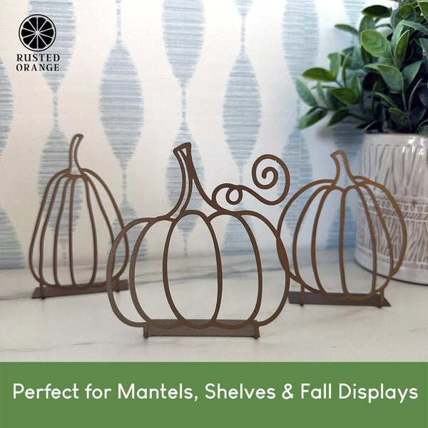 Rusted Orange Craftworks Co. Doodle Pumpkins – Set of 3 | Hand-Drawn Style Metal Pumpkin Outlines with Stand Tab | Shelf & Tabletop Fall Decor