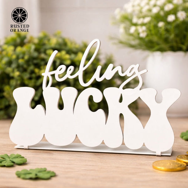 Rusted Orange Craftworks Co. Feeling Lucky Metal Tabletop Sign - St. Patrick’s Day Shamrock Decor