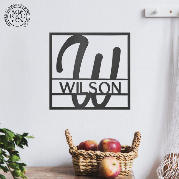Rusted Orange Craftworks Co. Fullerton Square Monogram - 2 Sizes - Metal Personalized Last Name with Monogram Sign