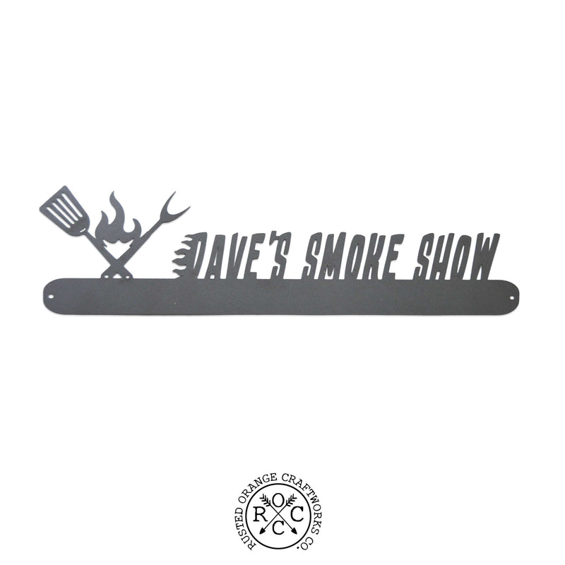 flame style grill utensil holder that says "daves smoke show"