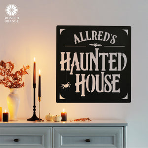 Rusted Orange Craftworks Co. Haunted House Custom Name Sign – Personalized Halloween Decoration - Tabletop or Hanging