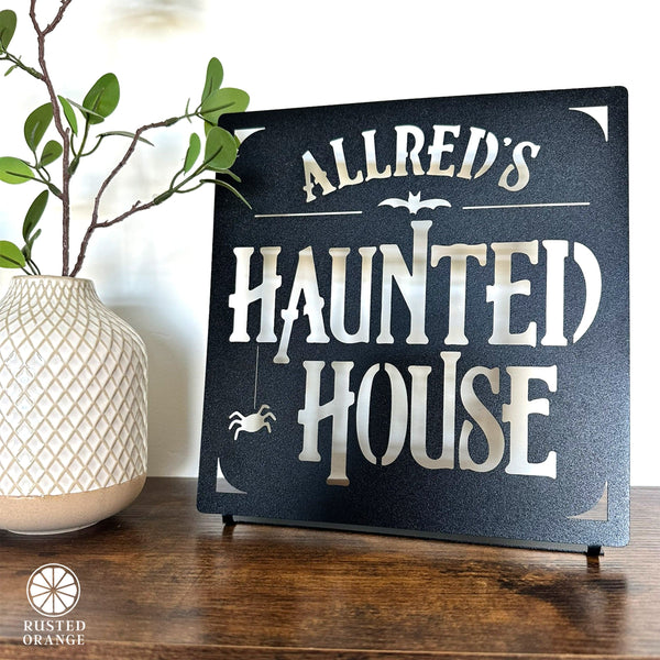 Rusted Orange Craftworks Co. Haunted House Custom Tabletop Name Sign – Personalized Halloween Decoration – 8" or 12"
