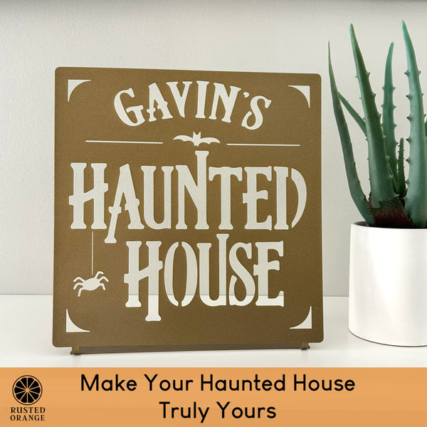 Rusted Orange Craftworks Co. Haunted House Custom Tabletop Name Sign – Personalized Halloween Decoration – 8" or 12"