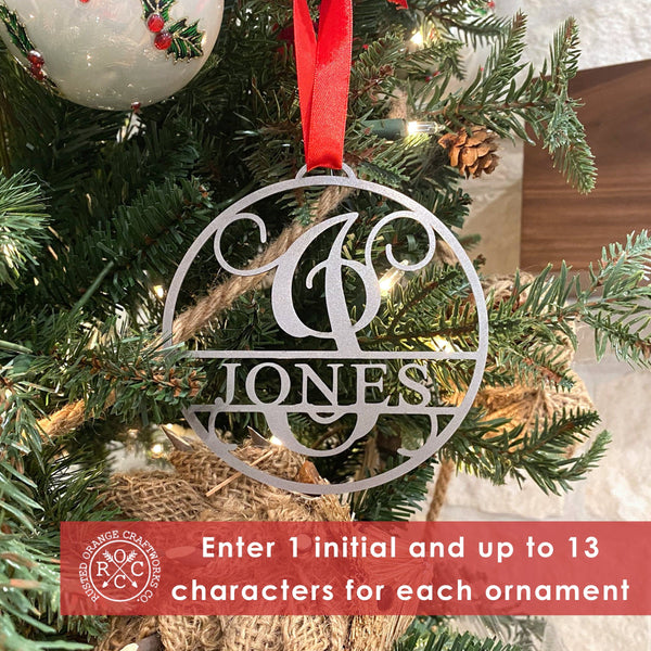 Rusted Orange Craftworks Co. Holiday Ornaments Circle Monogram Ornaments - 5 Pack - 4", 6", and 9" Personalized Christmas Tree Ornaments