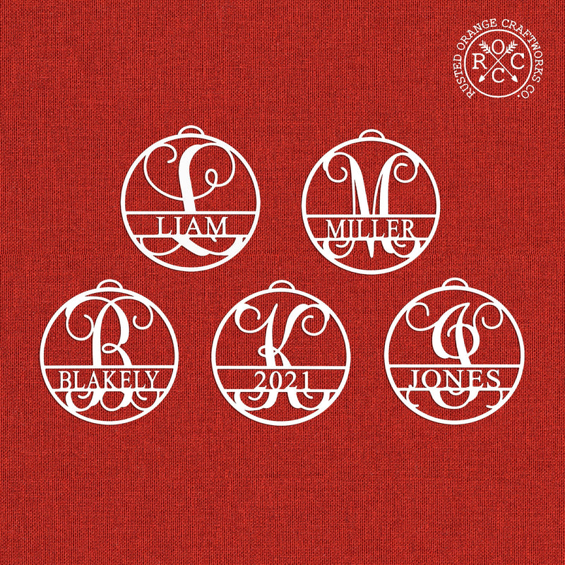 Rusted Orange Craftworks Co. Holiday Ornaments Circle Monogram Ornaments - 5 Pack - 4", 6", and 9" Personalized Christmas Tree Ornaments