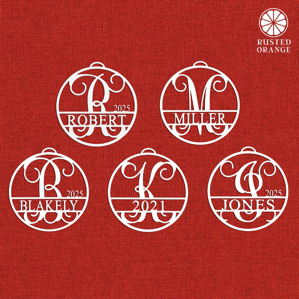 Rusted Orange Craftworks Co. Holiday Ornaments Circle Monogram Ornaments - 5 Pack - 4", 6", and 9" Personalized Christmas Tree Ornaments
