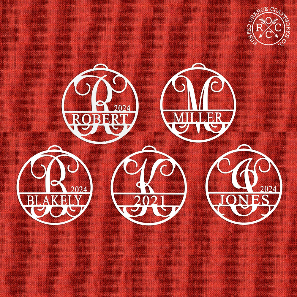 Rusted Orange Craftworks Co. Holiday Ornaments Circle Monogram Ornaments - 5 Pack - 4", 6", and 9" Personalized Christmas Tree Ornaments