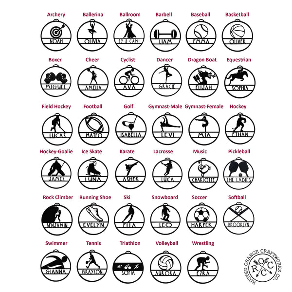 Rusted Orange Craftworks Co. Holiday Ornaments My Favorite Athlete Ornament - Single - 30 Sports Theme Styles - Metal Christmas Ornaments