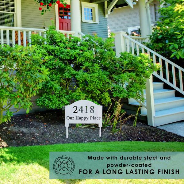 address yard sign with stake in yard with text that reads "made with durable steel and powder-coated for a long lasting finish"